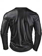 abordables camisetas basicas-Camiseta de piel sintética para hombre, manga larga, cuello redondo, ideal para invierno y primavera. &amp;Camiseta negra informal de punto de color liso para hombre, ideal para otoño y todas las