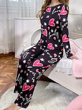preiswerte Damen Schlafoberteile und -unterteile-Damen Schlafanzug Freizeitkleidung Schlafanzug Set Lässig Herz Satin-Seidenpyjamas Elastischer Bund Hose Täglich Heim Urlaub Langarm Rundhalsausschnitt Fuchsie Herbst Winter Lässiger Schnitt