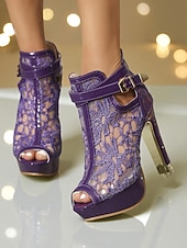 levne Peep Toe lodičky-Dámské fialové krajkové boty na platformě s otevřenou špičkou - sexy síťované kotníkové boty s přezkou na noční život a párty