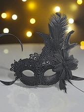 baratos Acessórios de Máscara-Máscara feminina de renda com penas para baile de máscaras - máscara elegante estilo vintage para festas, com flor amarela e pérolas, ideal para bailes de máscaras, formaturas ou festas à fantasia.