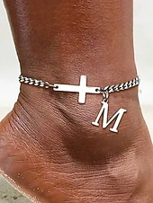 abordables Pulsera de mujer-Tobillera personalizada para mujer en acero inoxidable con dijes de letras del alfabeto, diseño de cruz y letras, ideal como regalo de Navidad. Disponible en 26 letras.