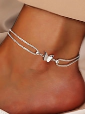 baratos Pulseira Feminina-Pulseira de tornozelo feminina em aço inoxidável com estampa de borboleta – disponível em dourado e prateado, design elegante em corrente com detalhes em formato de coração, perfeita para ocasiões casuais e noturnas.