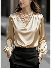 お買い得  ドレッシーブラウス-女性用 シャツ Elegant ドレッシー サテントップ 平織り 日常 レトリ／ヴィンテージ Ｖネック レギュラートップス ブラック ホワイト ルビーレッド アプリコット 秋