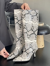 cheap Fashion Boots-Women&#039;s Snakeskin Print Knee-High Boots, Pointed Toe, Kitten Heel Boots for Casual and Night Out Styling