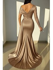 cheap Ball Gown Evening Dresses-Mermaid / Trumpet Sweep / Brush Train Evening Gown Ball Gown with Overskirt Formal Dress Elegant Glittering Sparkle Long Sleeve Off Shoulder Formal Wedding Satin Sequined with Beading