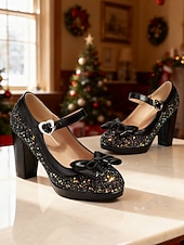 cheap 1920s &amp; Gatsby Era-Women's Red Glitter Mary Jane Heels with Heart Buckle and Bow Detail - Festive Christmas Style, Perfect for Holiday Parties, New Year Celebrations and Formal Occasions