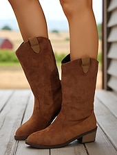 tanie Kowboj i zachodnie buty-jasnobrązowe kowbojskie buty damskie w stylu western – buty kowbojskie do połowy łydki na grubym, klockowym obcasie, idealne na festiwale muzyki country, rodeo i modę jesienną