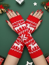 billiga Damhandskar-Stickade fingerlösa julvantar för kvinnor, röda och vita Fair Isle-renmönster, julvantar för vinterfester och festliga evenemang
