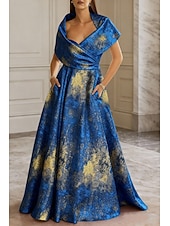  Blue Jacquard Brocade A-Line Evening Gown Elegant Formal Dress Formal Wedding Floor Length Short Sleeve Queen Anne Pocket Nylon with Pocket