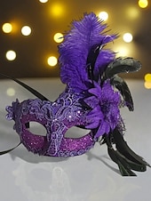 baratos Acessórios de Máscara-Máscara feminina de renda com penas para baile de máscaras - máscara elegante estilo vintage para festas, com flor amarela e pérolas, ideal para bailes de máscaras, formaturas ou festas à fantasia.