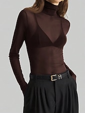 voordelige Effen t-shirt-Dames Blouse Lapwerk Netstof Effen Kleur Elegant Stijlvol Basic Lange mouw Coltrui Normale tops Dagelijks Grijs-Groen Zwart Wijn Marineblauw Bruin Zomer Lente Herfst