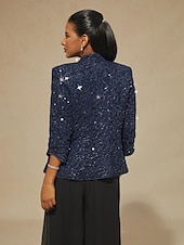 お買い得  レディースブラウススーツ-女性用 ブラウス ドレッシーなトップス ツインセット スパンコール レース ペーズリー エレガント パーティー 七分袖 スタンドカラー セミフォーマル フォーマルウェア カクテルの服装 ネイビーブルー 春 秋 冬