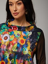 preiswerte Hemden, Tops und Blusen-Damen Bluse schwarz Blumendruck Stretch Chiffon Ärmel U-Boot-Ausschnitt lässig bequem Frühling Sommer Herbst Urlaub