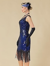 baratos Vestidos dos anos 1920-Conjunto Loucos anos 20 Anos 20 Até os Joelhos Vestidos Vestido melindroso Roupa com acessórios Sem Mangas O Grande Gatsby charleston Paetês Franjas Pena Decote V Fantasia Mulheres Carnaval Ano Novo