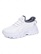 tanie Trampki damskie-Damskie czerwone trampki z podszewką z polaru - ciepłe, dzianinowe buty codzienne z antypoślizgową podeszwą, wygodne obuwie świąteczne na zimowe spacery i podróże