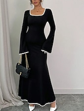 economico Vestito bianco-Per donna Abito maxi Tubino Casual Quotidiano Vestibilità regolare Semplice Manica Lunga Collo a U Nero Primavera Autunno Inverno