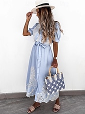 preiswerte Einfaches Kleid-Damen Midikleid Sommerkleid Urlaub Lässig Boho Ausgehen Normale Passform Blumen Kurzarm Umlegekragen Blau Weiß Weiß Sommer Frühling