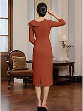 voordelige Thee Lengte-Sheath Column Tea Length Party Dress Cocktail Dress Wedding Guest Dress Mother of the Bride Dress Long Sleeve Square Neck Elegant Minimalist Formal Wedding Guest Stretch Fabric with Ruched Beading