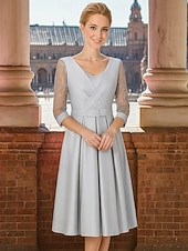 billige Te Lengde-A-Line Te Lengde Festkjole Cocktailkjole Bryllupsgjesterkjole Mor til bruden kjole 3/4 Lengde Ermekraft Crew Neck Elegant Vintage Fest med Blonder Folds
