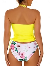 Χαμηλού Κόστους Τανκίνι-Γυναικείο Τανκίνι 2 Τεμαχίων Μαγιό Λεοπάρ Σίγκλ Έλεγχος Κοιλιάς Ψηλή Μέση Σλιμ Χωρίς Πλάτη Διακοπές Παραλία Λουλουδάτο Χαλτερ Λαιμό Αμάνικες Μαγιό