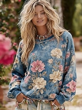 economico Felpe Floreali-Per donna Felpa Pullover Floreale Casual Manica Lunga Girocollo Top Regolari Casuale Streetwear Abbigliamento Quotidiano Blu Viola Grigio Primavera Autunno Inverno