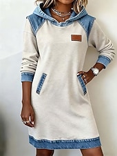 お買い得  スウェットシャツ &amp; パーカー ドレス-女性用 ミニドレス パーカードレス カジュアルドレス ファッション 近代の 日常 アウトドア バケーション レギュラー 平織り 長袖 フード付き ブラック ホワイト イエロー グリーン 秋 冬