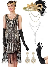 baratos Vestidos dos anos 1920-Conjunto Loucos anos 20 Anos 20 Até os Joelhos Vestidos Vestido melindroso Roupa com acessórios Sem Mangas O Grande Gatsby charleston Paetês Franjas Pena Decote V Fantasia Mulheres Carnaval Ano Novo
