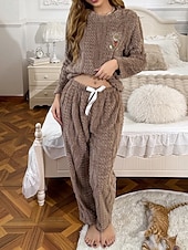 olcso Női szabadidőruházat-Női Pizsamák Lounge-ruházat Flanel Meleg Divat Tiszta szín Zsinór Rugalmas derék Nadrág Vakáció Otthon Napi Hosszú ujj Terített nyak Barna Szürke Ősz Tél Laza öltözet