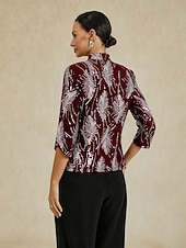 baratos Blusas femininas-Mulheres Blusa Tops elegantes Paetês Bordado Pena Elegante Manga 3/4 Colarinho Mandarim Tops regulares Festa de Noite Convidado do casamento Vinho Primavera Outono Inverno