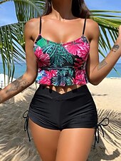levne Tankiny-Dámský tankini 2-dílný plavecký úbor s řasením palm šortky kontrola břicha vysoký pas štíhlé bez zad dovolená plážové oblečení květinový kulatý výstřih bez rukávů