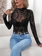 levne Krajkové topy-Dámské Halenka Slátanina Síťka Pevná barva stylové Na běžné nošení Dlouhý rukáv Rolák Běžné topy Denní Černá Jaro Podzim