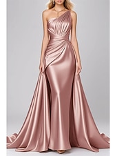abordables Vestidos de gala-Corte Trompeta Sirena Hasta el Suelo Vestidos de noche Vestido de baile con sobrefalda Vestimenta formal Elegante Vestido negro Sin Mangas Un Hombro Boda Formal Vestido rosa Satén elástico con Plisado