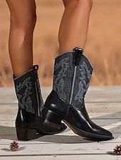 Χαμηλού Κόστους Καουμπόη και δυτικές μπότες-Γυναικείες καφέ μπότες western μέχρι τη μέση της γάμπας – καουμπόικες μπότες από τεχνητό δέρμα με κεντημένο σχέδιο για φθινοπωρινές, country style και εκδηλώσεις ροντέο