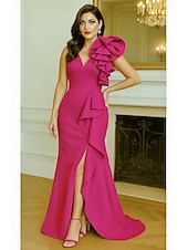cheap Mermaid Evening Dresses-Mermaid Trumpet Floor Length Prom Dresses Evening Gown Ball Gown Formal Dress Elegant Short Sleeve Crew Neck Wedding Formal Stretch Crepe with Ruffles