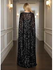 abordables Robes de bal-Sirène / Trompette Fourreau / Colonne Longueur au sol Robe de bal avec cape Robe de Soirée Tenue de soirée Élégant Scintillant Éclat Sans manches Col Rond Formel Mariage Satin Pailleté avec