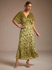 voordelige Bloemenjurk-dames maxi-jurk a-lijn jurk fluweel elegant feest bruiloft gast bloemen blad halve mouw v-hals smaragdgroen lente herfst winter