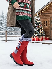 Недорогие Модные сапоги-Женские красные зимние сапоги из искусственной замши - высокие сапоги до колена с отделкой из искусственного меха и пряжкой на ремешке, стильная теплая рождественская обувь для улицы и повседневной