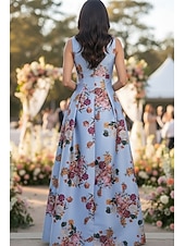 preiswerte Bodenlänge-A-Linie Bodenlang Kleid für Hochzeitsgäste Abendkleid Brautmutterkleid Ärmellos V Ausschnitt Elegant Hoher Schlitz Formell Hochzeitsgast Satin mit Druck