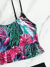 levne Tankiny-Dámský tankini 2-dílný plavecký úbor s řasením palm šortky kontrola břicha vysoký pas štíhlé bez zad dovolená plážové oblečení květinový kulatý výstřih bez rukávů