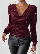 abordables T-shirt uni-Femmes Chemisier Froncé Couleur Unie Élégant Occasionnel manche longue Cravate au cou Col Bénitier Hauts Réguliers Quotidien Noir Vin Fuchsia Printemps Automne Hiver