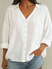 preiswerte Damen Einfache Oberteile-Damen Hemd Bluse Einfach Elegant Stilvoll Langarm V Ausschnitt Normale Oberteile Täglich Ferien Ausgehen Gerafft Knöpfe Weiß Hellgrün Rosa Himmelblau Sommer Frühling Herbst Winter