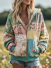 halpa Kukalliset yläosat-Naisten 3D Print Vintage Boho Huppari Patchwork Huppari Sweatshirt Kukallinen Hupparilla Sweatshirt Takki Pitkähihaiset Zip Up Taskulla Kevyt Rentoa Zip Up s Kadun Arkivaatteita Patchwork Tasku Syksy