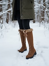 cheap Snow &amp; Winter Boots-Women's Brown Lace-Up Fur Lined Boots - Knee-High Winter Boots with Warm Faux Fur Collar for Outdoor Snow and Holiday Wear