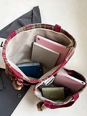 Недорогие Сумки с ручками сверху и шопперы-Женские рождественские клетчатые сумки-шопперы – большие и маленькие размеры, полиэстеровая ткань с помпонами, праздничный стиль для предпраздничного шопинга и подарков