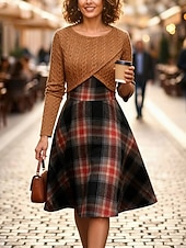 abordables Robe Rayée et Géométrique-Femmes Robe Midi Robe trapèze Occasionnel Boho Quotidien Coupe régulière Plaid manche longue Col ras du cou Orange Printemps Automne Hiver