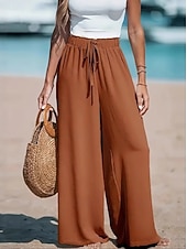 preiswerte weites Bein und hohe Taille-Damen Hose Sommerhose Baggy-Hosen Urlaub Mode Basic Volle Länge Hohe Taille Kordelzug Elastischer Bund Weites Bein Komfort Leicht Weich Unelastisch Strand Straße Lässig Hellgelb Schwarz Rosa Leicht