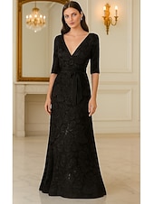  A-Line Floor Length Beaded Eembroidered Formal Dresses Mother of the Bride Dress Evening Gown Ball Gown Formal Dress Elegant Glittering 3/4 Length Sleeve V Neck Wedding Formal Pocket Satin Lace with