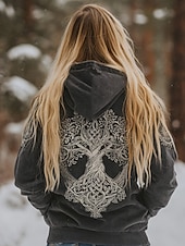 economico Top Viking-Per donna Felpe con cappuccio Cerniera Tasca Stampato Grafico Plaid Moda Western Casual Manica Lunga Con Cappuccio Top Regolari Casuale Streetwear Abbigliamento Quotidiano Grigio chiaro Grigio scuro