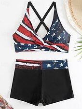 cheap Tankinis-Women's Swimwear 2 Piece Shorts Swimsuit Backless Vacation Beach Wear Geometic V Neck Sleeveless Bathing Suits