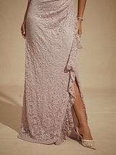 abordables Robe de cocktail-Robe longue fourreau élégante pour femme, idéale pour un mariage, une soirée ou une invitée. Coupe classique, ornée de sequins, de dentelle et de volants, fendue, unie, sans manches, col bateau, rose